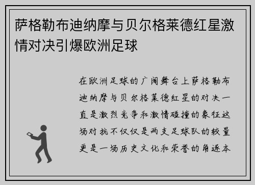 萨格勒布迪纳摩与贝尔格莱德红星激情对决引爆欧洲足球